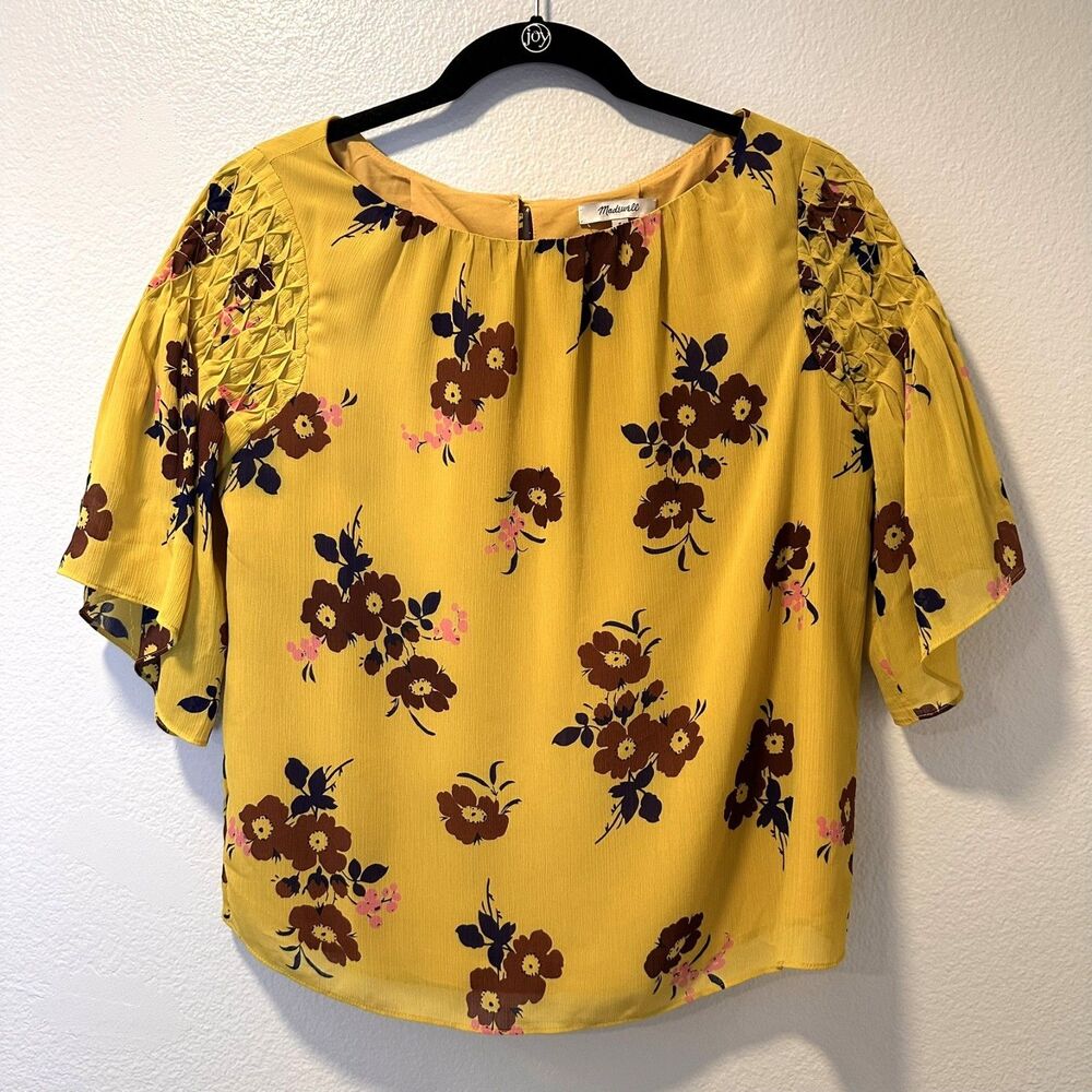 Madewell Women ( S )Pleated Cascade Top in Retro Bouquet Mustard Floral Blouse